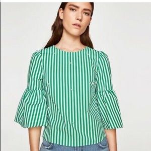 NEW Zara Striped Poplin Pearl Bell Sleeve Blouse